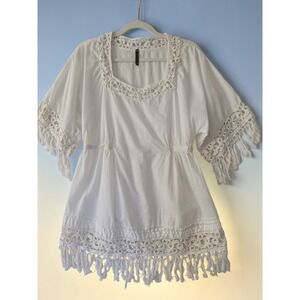 XCVI Womens White Cotton Crochet Lace Fringe Boho Cottagecore Tunic Top Size M